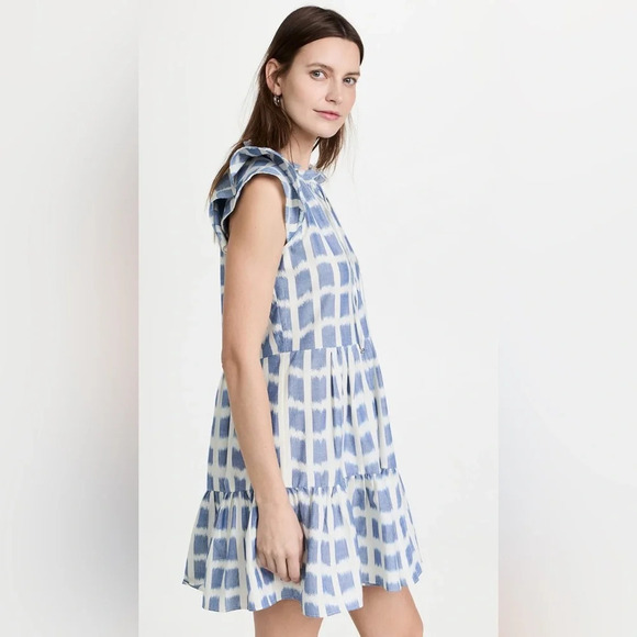Veronica Beard Zee Ikat Ruffle Tiered Cotton Mini Dress Boho White Blue Sz 4 - Picture 3 of 15